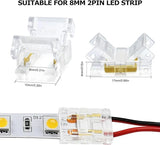 Transparent Crystal LED Strip Connectors – 8mm 2Pin Solderless Clips | Strip to Wire / Strip to Strip / DC Adapter / L – Bulk Wholesale 500pcs MOQ | Factory Direct
