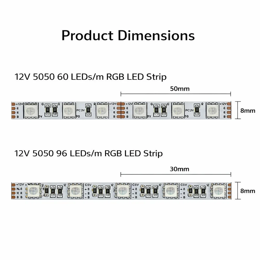 8MM Wide SMD5050 RGB LED Strip Light - DC12V | 60 LEDs/M | 8mm PCB | Non-Waterproof | 5/50M | for Mirror, Kitchen Cabinet, Bedroom