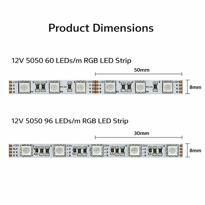 8MM Wide SMD5050 RGB LED Strip Light - DC12V | 60 LEDs/M | 8mm PCB | Non-Waterproof | 5/50M | for Mirror, Kitchen Cabinet, Bedroom