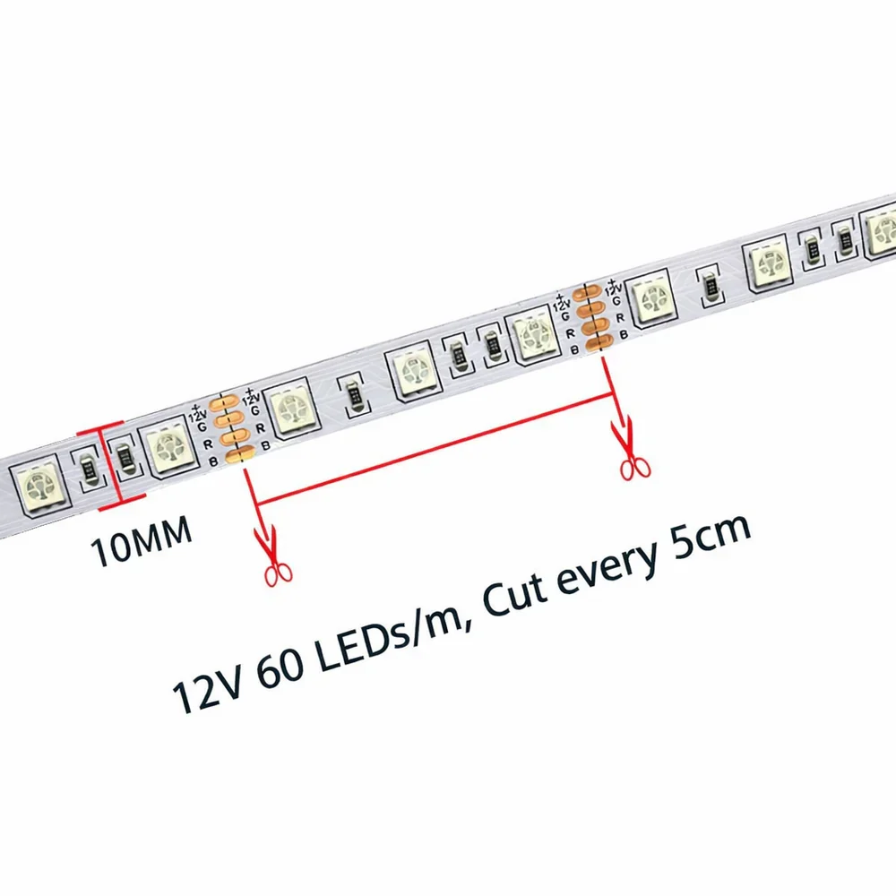 10MM SMD5050 RGB LED Strip Light - DC12V | 60 / 120 LEDs/M | 10mm PCB | IP00 / IP65 / IP67 | 5/50M | for Mirror, Kitchen Cabinet, Bedroom