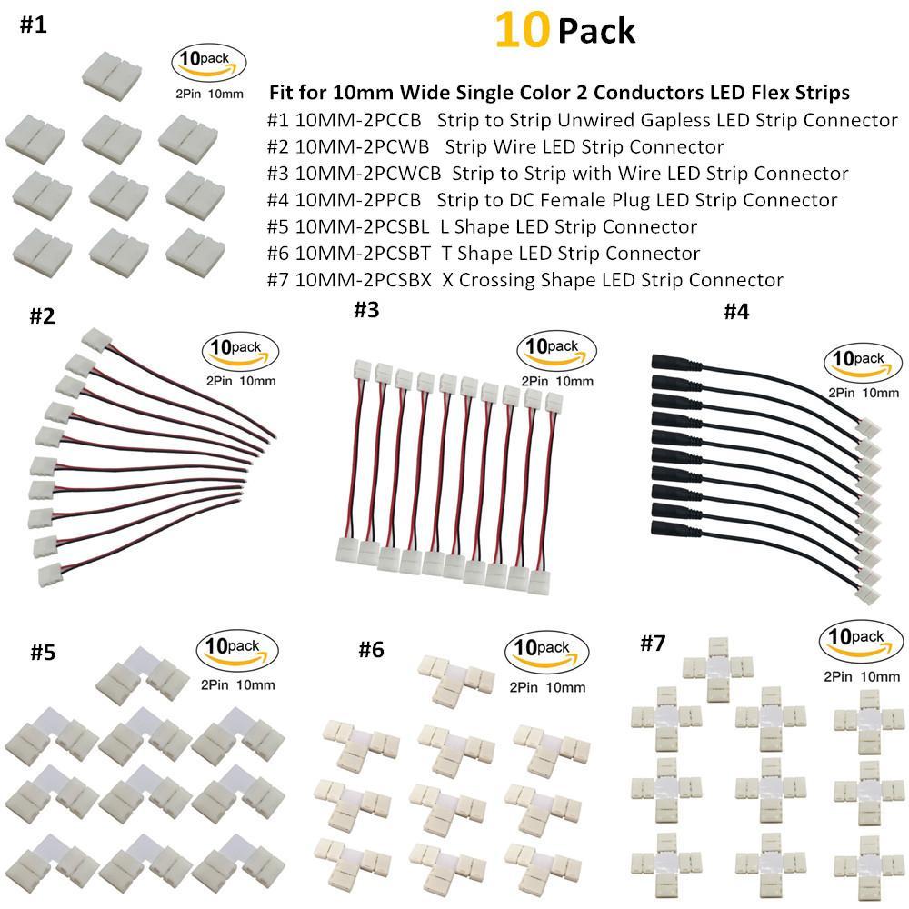 10pcs Pack Solderless Snap Down 2 pin Conductor LED Strip Connector for 10mm Wide 5050 5630 Single Color Flex LED Strips - LEDStrips8