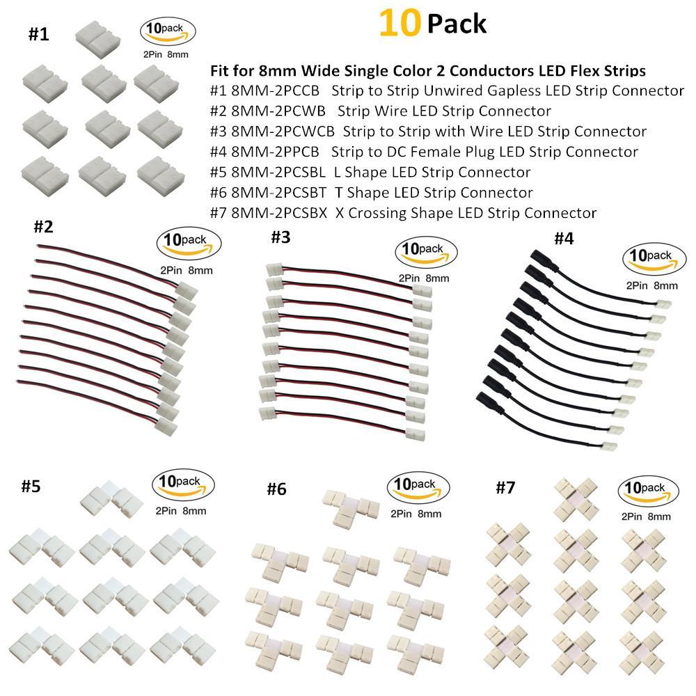10pcs/Pack Solderless Snap Down 2Conductor LED Strip Connectors for 8mm Wide  2835 Single Color Flex LED Strips - LEDStrips8