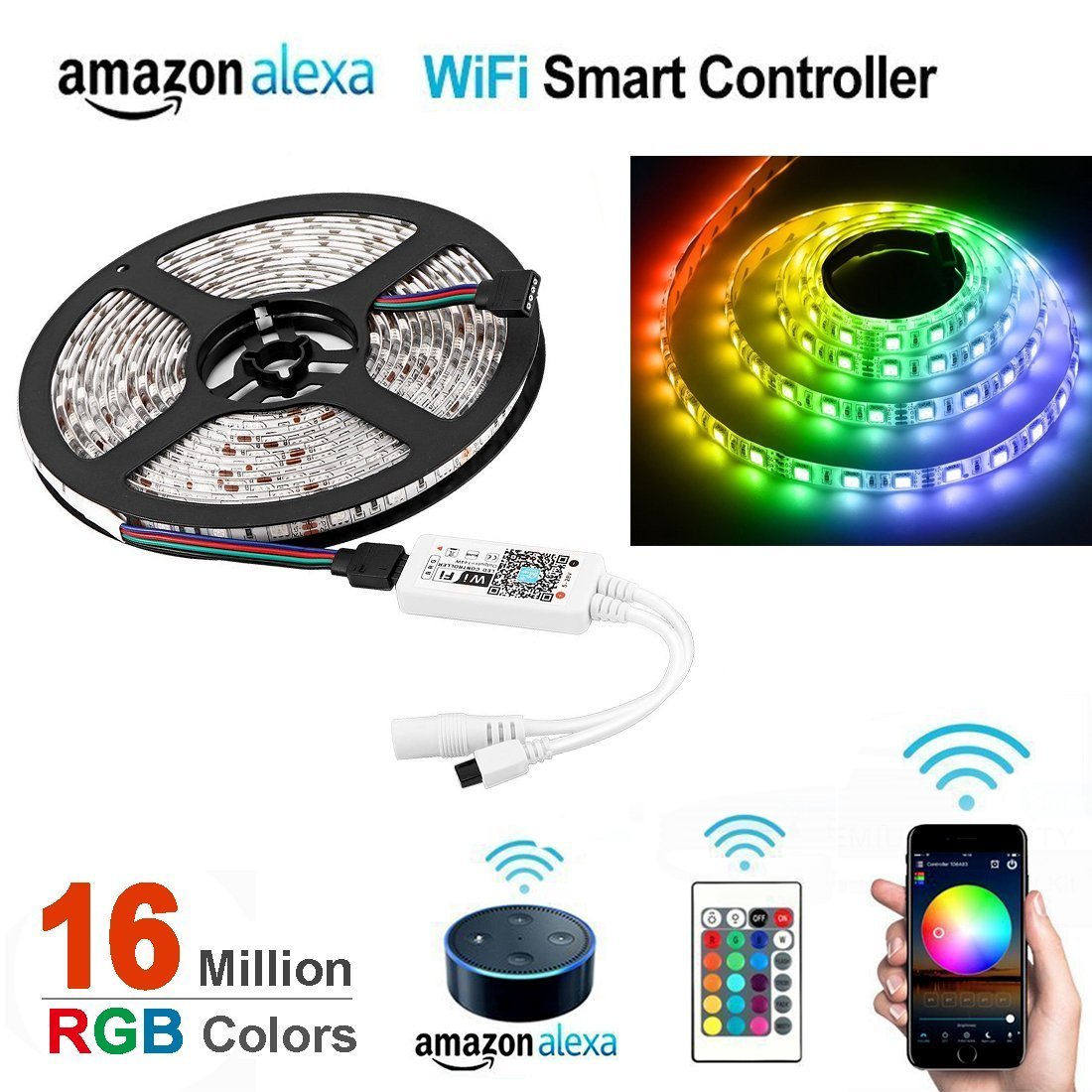 WiFi IP65 Waterproof LED Light Strip Music Sync Remote Controlled by Alexa Echo Android ISO Smart Phone 16.4ft Cuttable 12V RGB 300LED SMD5050 Strip with 24 Keys Controller & 8Amp 96W Power Supply - LEDStrips8