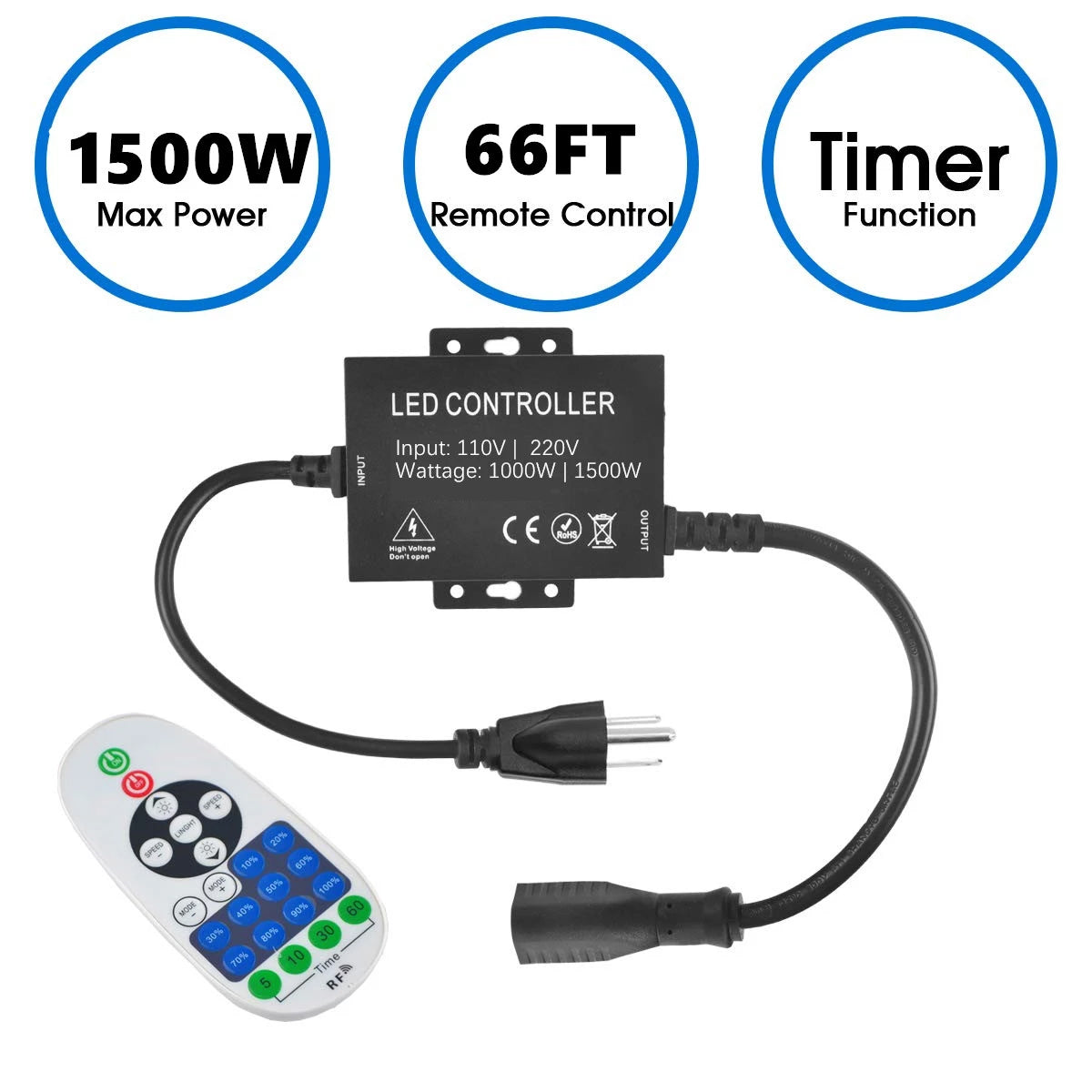 1500Watt AC110V/220V LED Dimmer for 110V/220V LED String Light, Wireless Remote Control Dimmer with 3 Prong Outlet, Timer Switch - LEDStrips8
